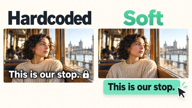 Illustration of hardcoded dialogue locked into video pixels and soft dialogue detached as a movable subtitle strip