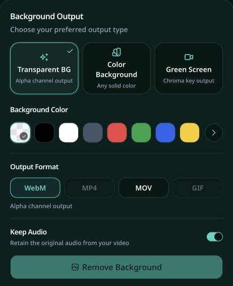 Actual RemoveFrom.Video settings with Transparent BG and WebM selected, MOV available, MP4 and GIF disabled, and Keep Audio enabled.
