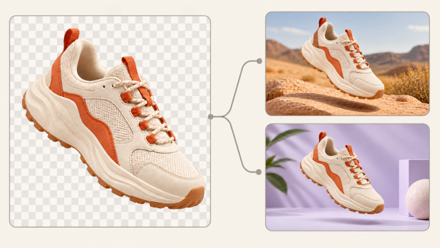 Concept illustration of a sneaker video cutout over a transparency checkerboard and reused in desert and studio scenes