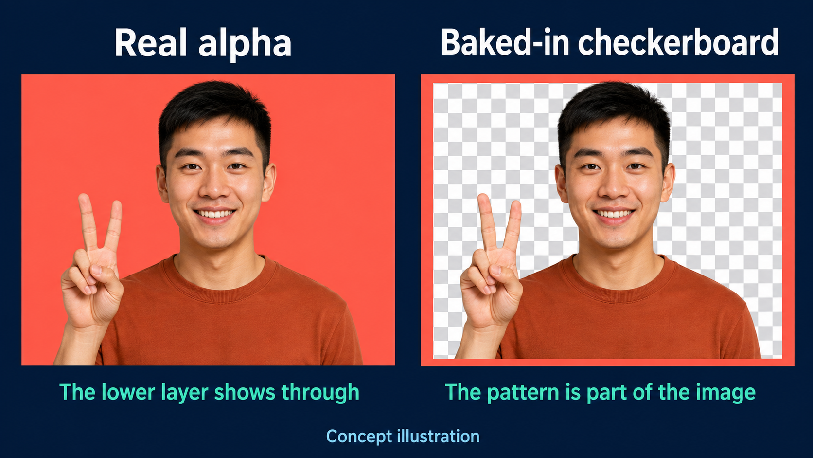 Concept illustration showing real alpha revealing a coral lower layer, while an opaque checkerboard blocks it.