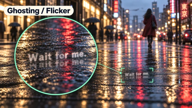 Magnified illustration of ghosted subtitle letters over wet pavement after video text removal