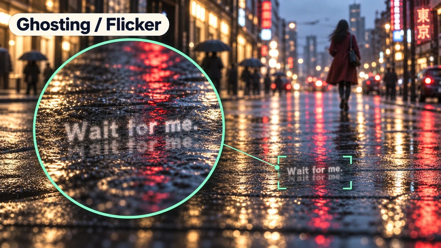 Magnified illustration of ghosted subtitle letters over wet pavement after video text removal