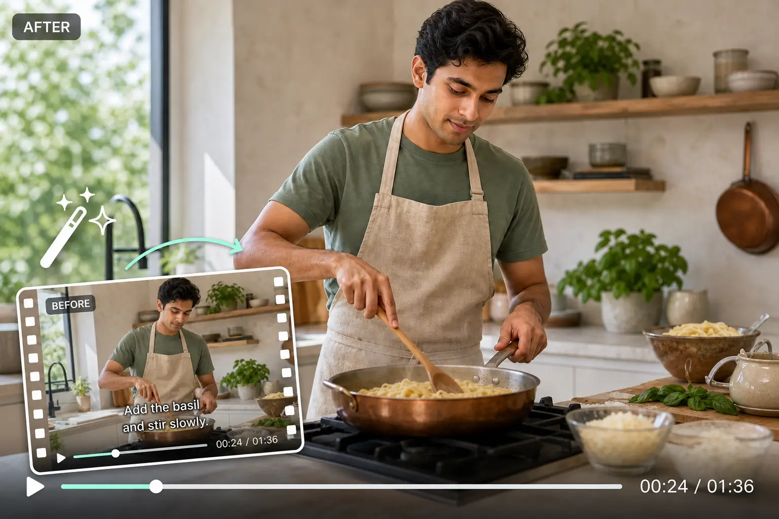Before and after cooking tutorial showing burned-in subtitles removed