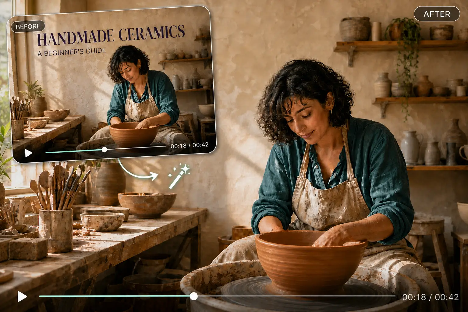 Before and after ceramics video showing hardcoded title text removed