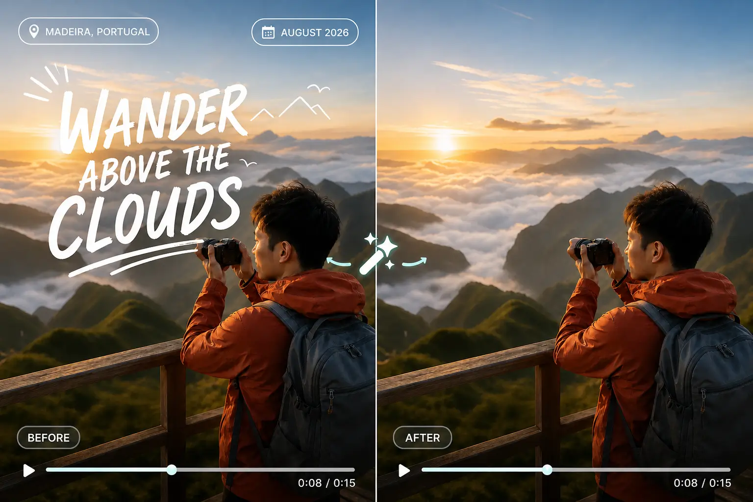 Before and after travel video showing location, date, and title overlays removed