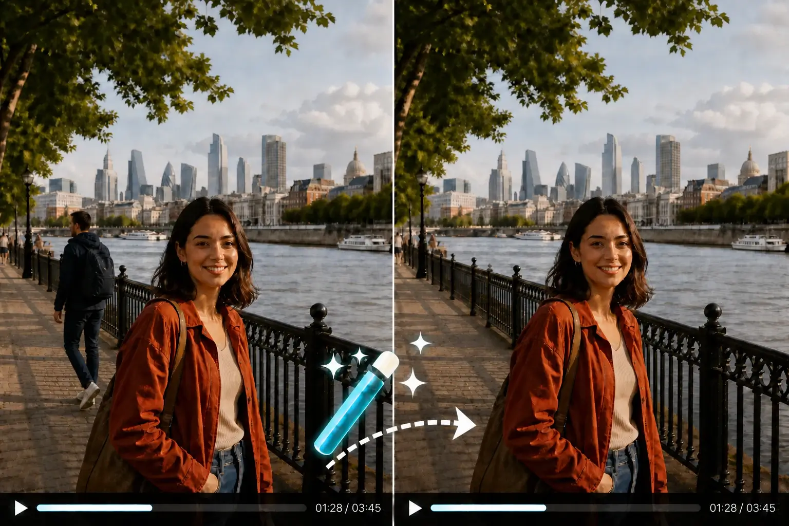 AI removing a passerby from a riverside travel video