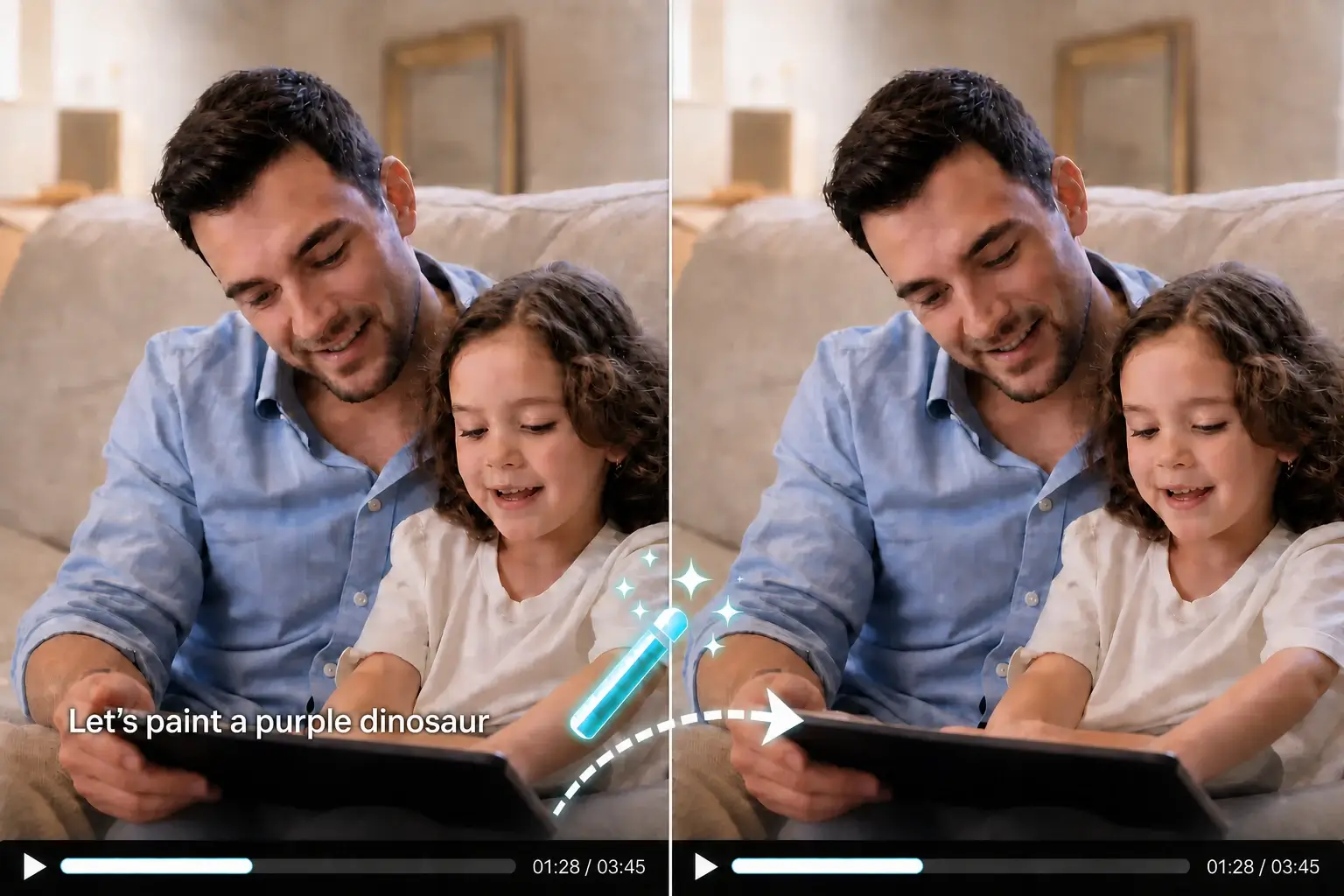 AI removing hardcoded subtitles from a movie clip before and after