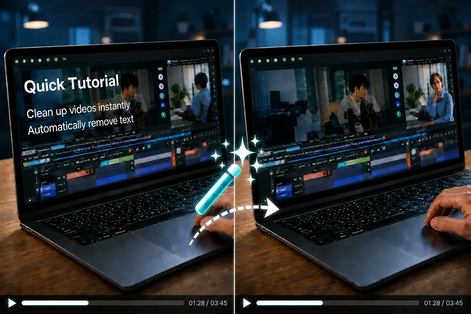 AI removing overlay text from a video screenshot before and after comparison