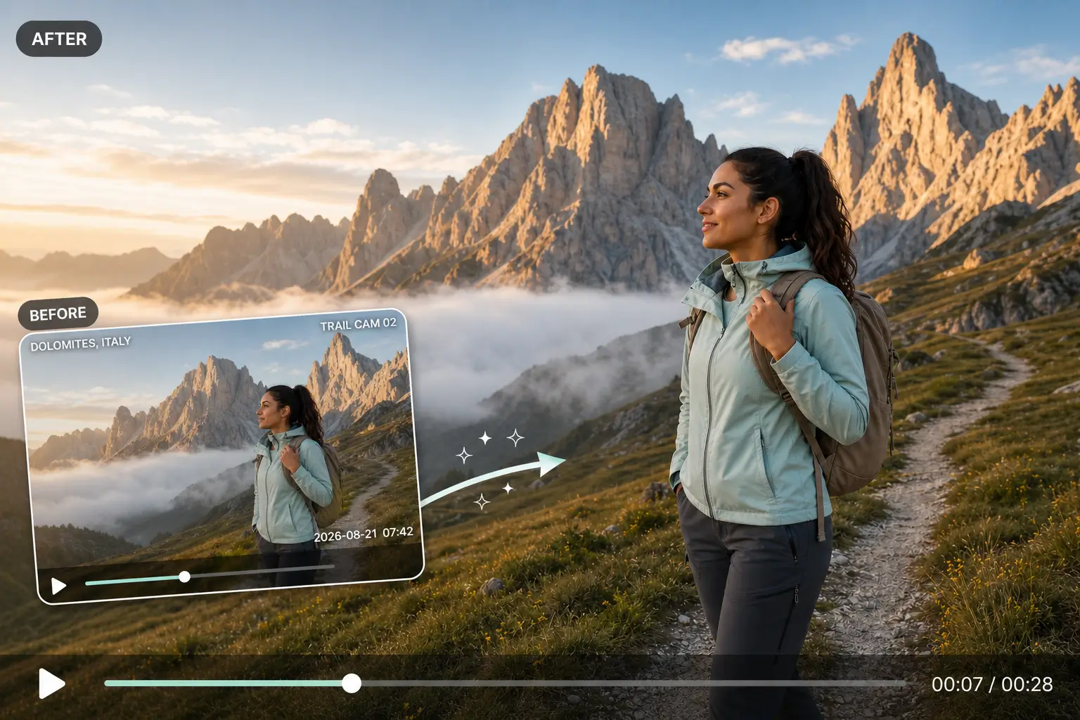 Before and after travel video showing timestamp, location, and device labels removed
