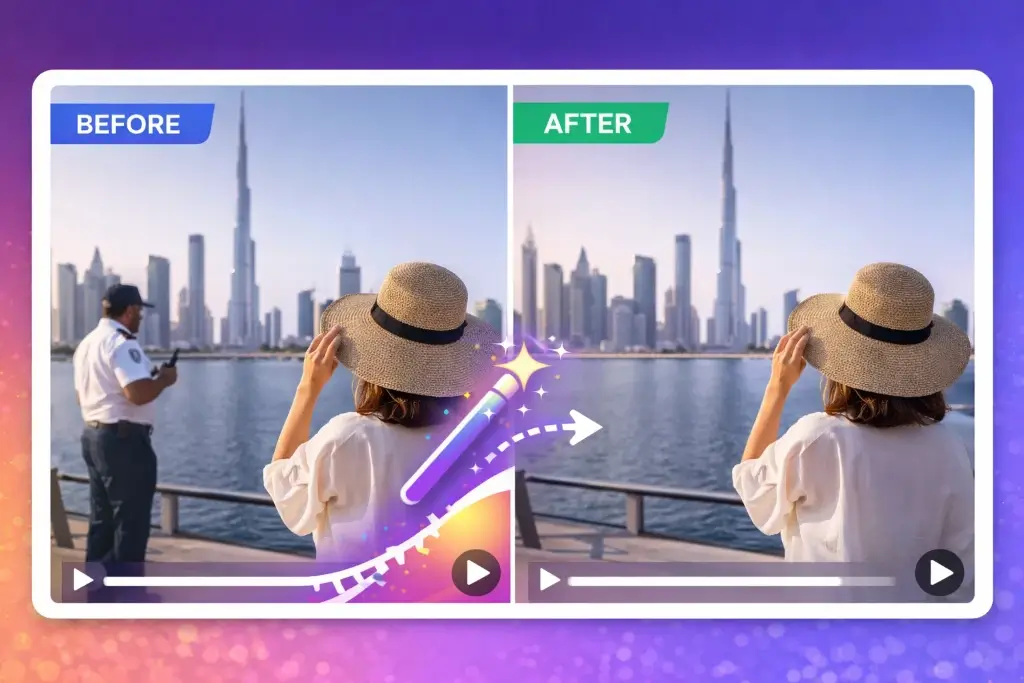 AI removing unwanted objects and people from video footage