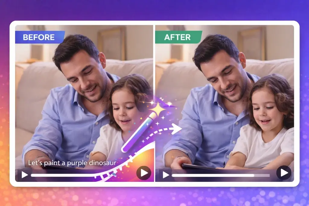 AI removing hardcoded subtitles from a movie clip before and after
