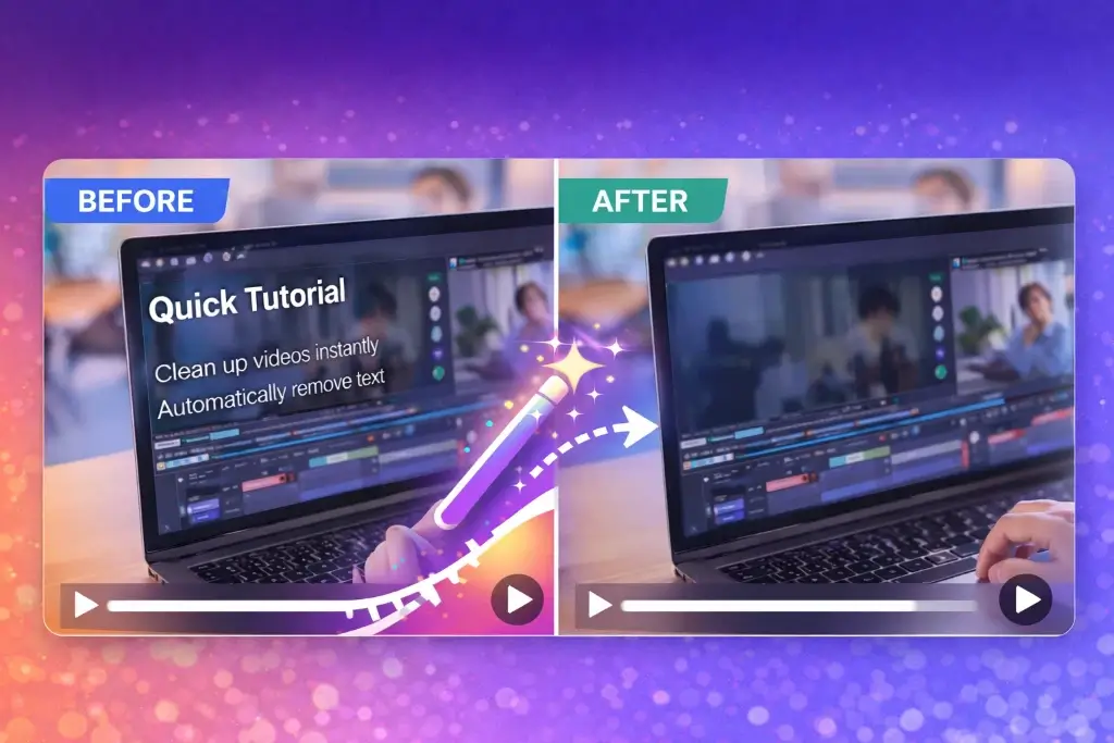 AI removing overlay text from a video screenshot before and after comparison