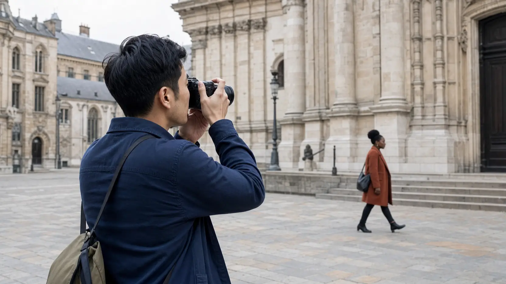 Original travel video with a passerby in the background