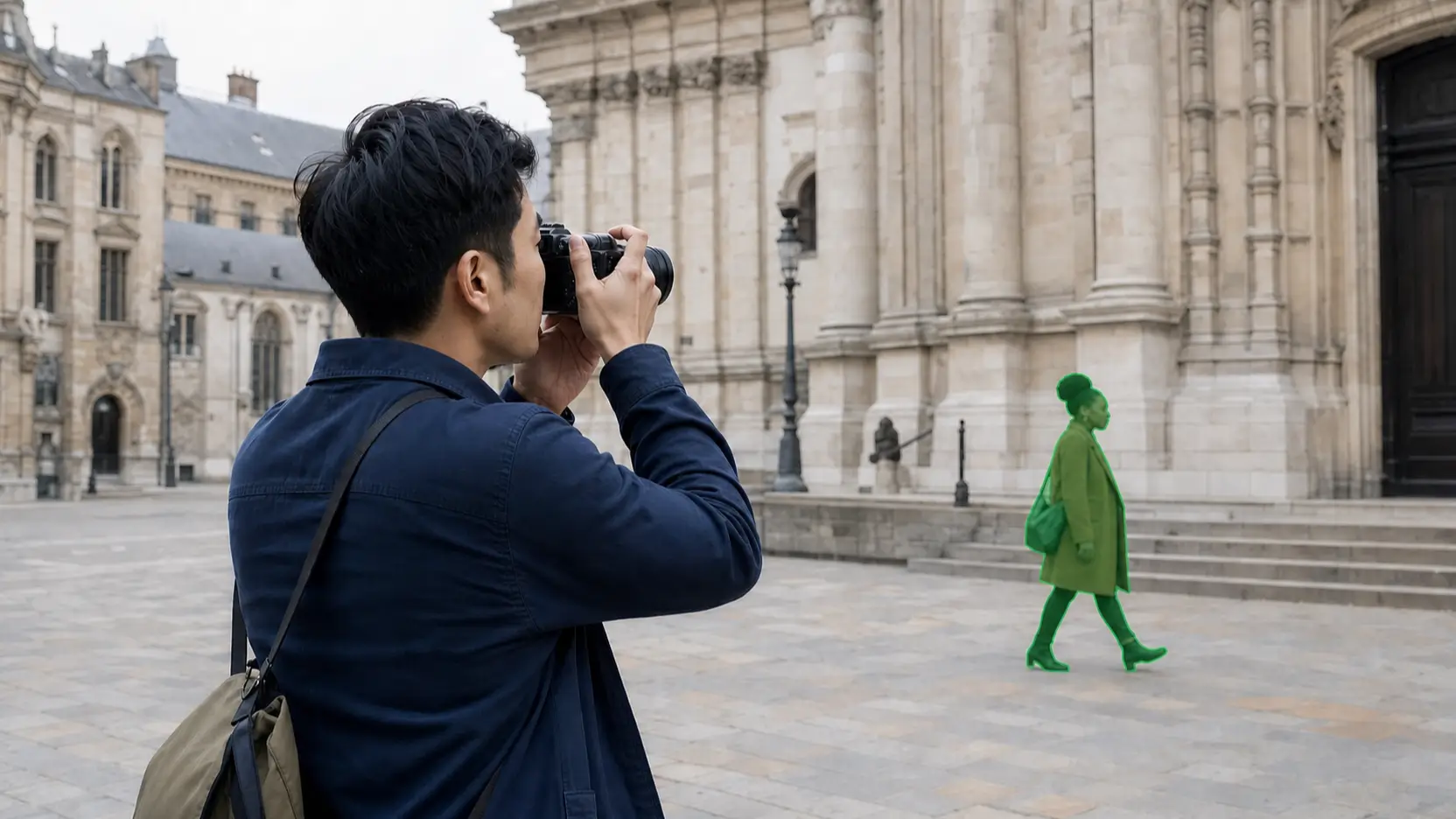 Passerby selected for removal from a travel video