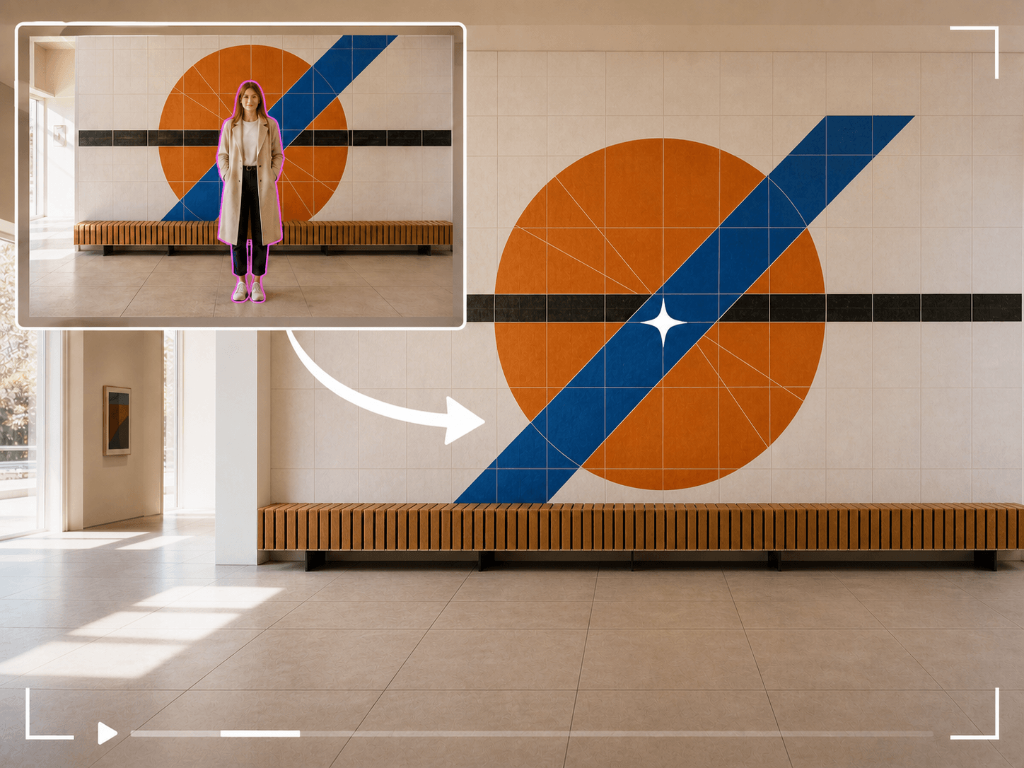 O detalhe do vídeo original mostra uma mulher selecionada cobrindo um mural de azulejos laranja e azul e um banco; o resultado limpo reconstrói o padrão e as linhas da cena.