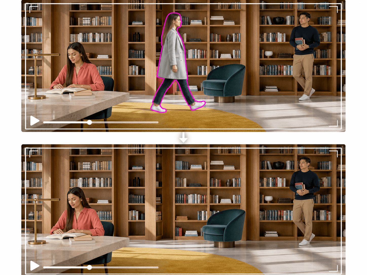 Comparação com o mesmo enquadramento em uma biblioteca: apenas a mulher de casaco cinza-prateado é removida, enquanto o leitor sentado, o homem em pé, os móveis e a composição original permanecem.