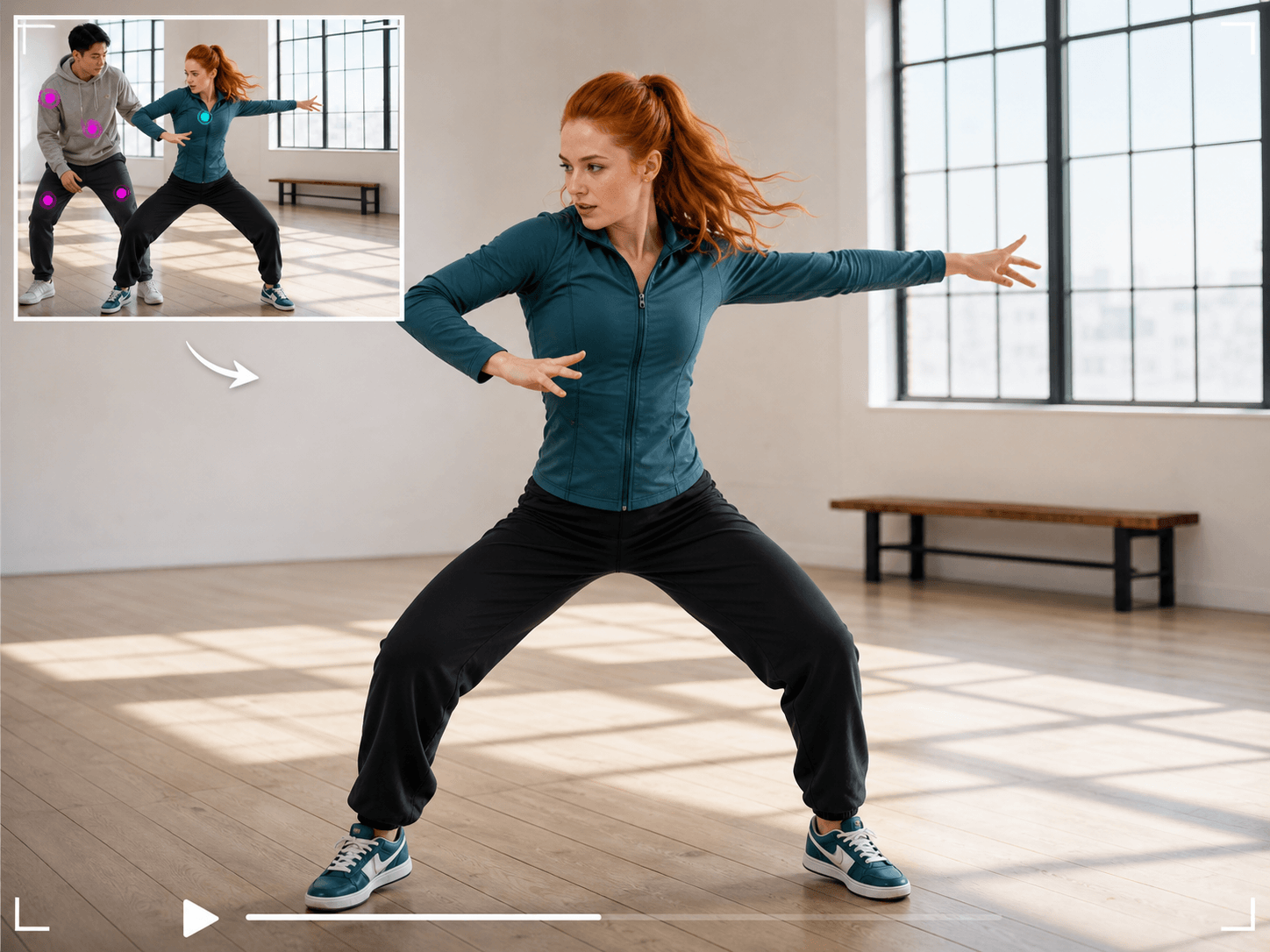 Comparação de vídeo de dança: o detalhe mostra pontos Remover e Manter; o homem selecionado é removido enquanto a mulher permanece.