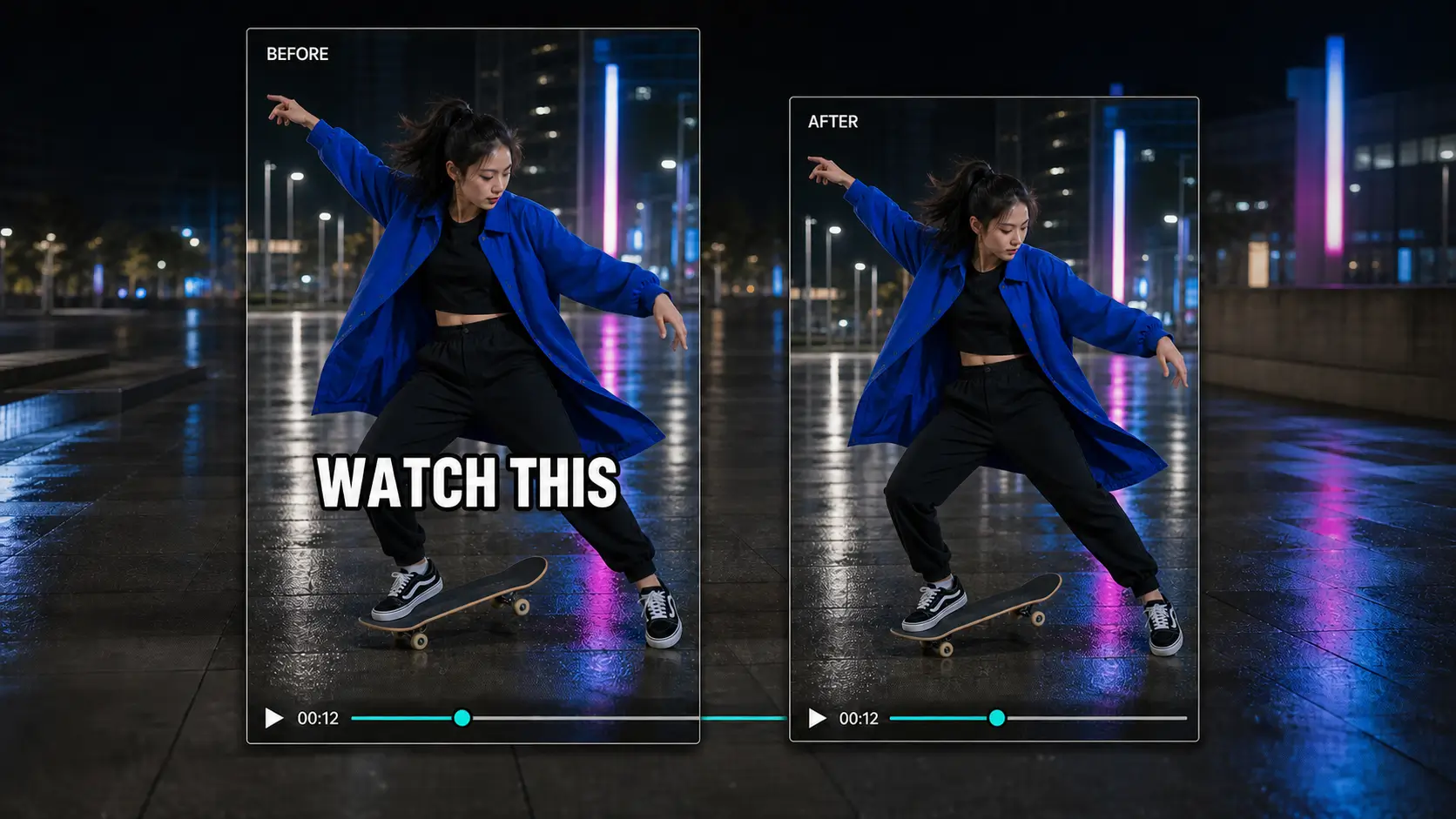 Before and after comparison of short-form social captions removed from video