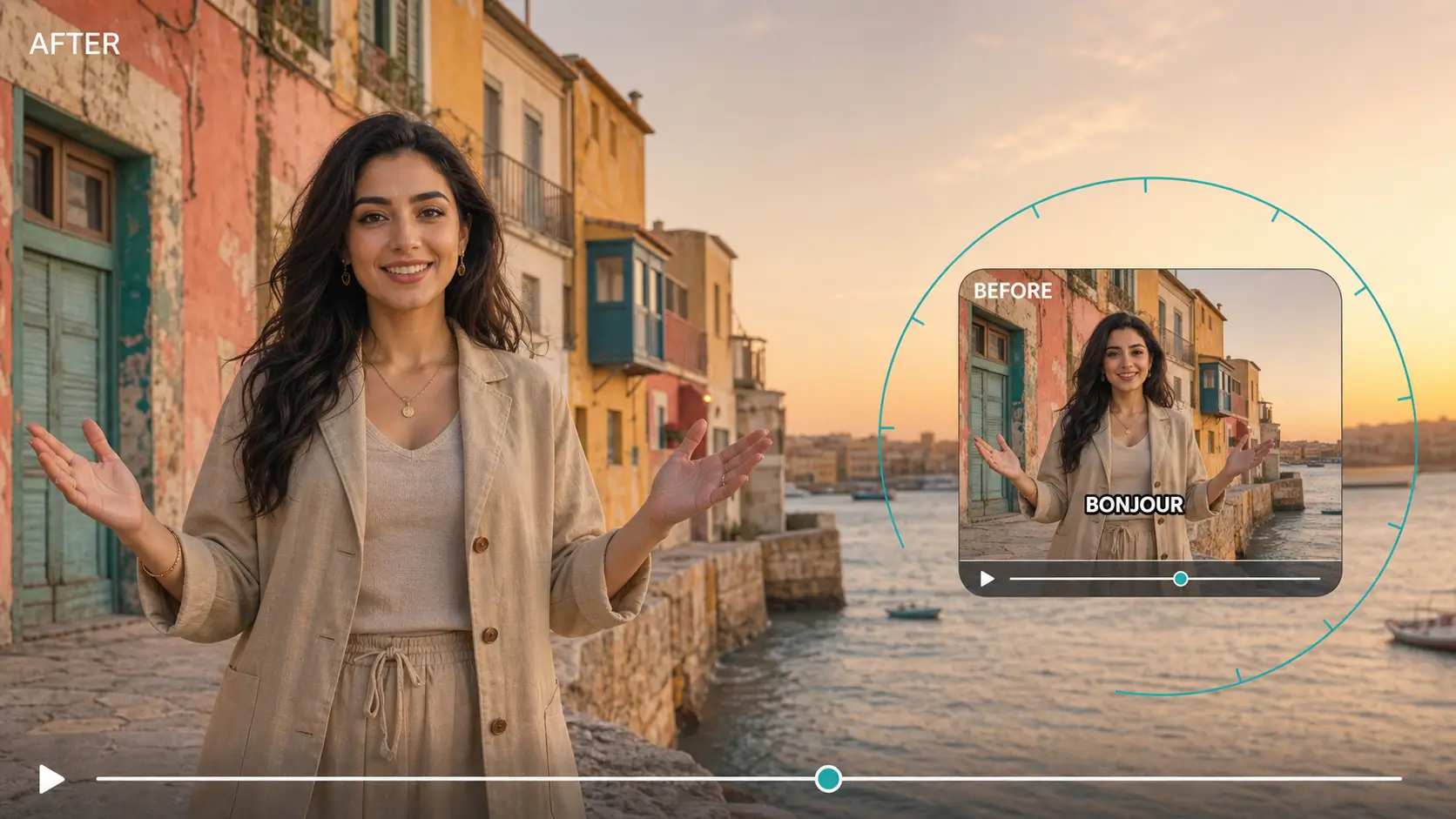 Before and after comparison of translated burned-in subtitles removed from video